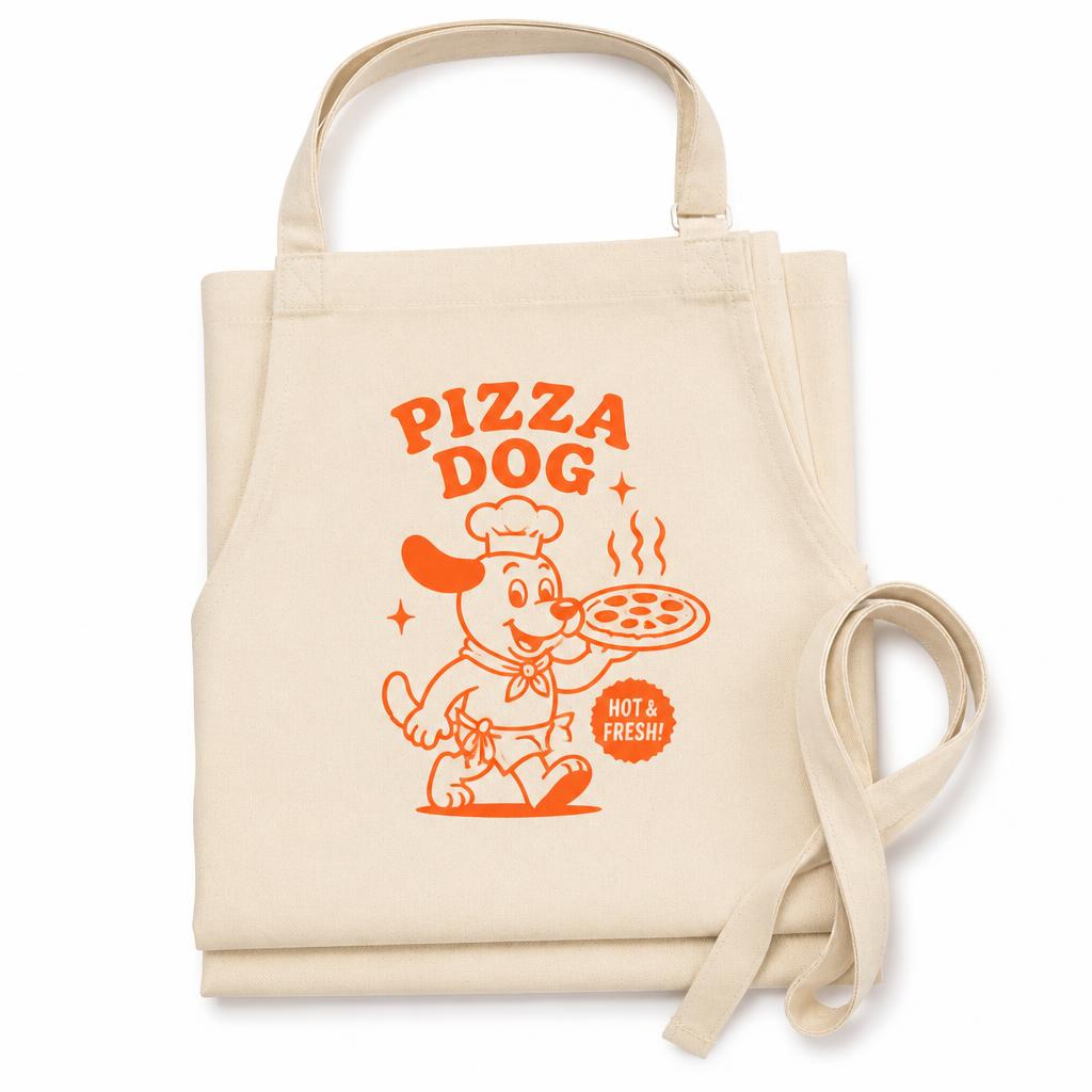Cream kitchen apron with orange Pizza Dog logo